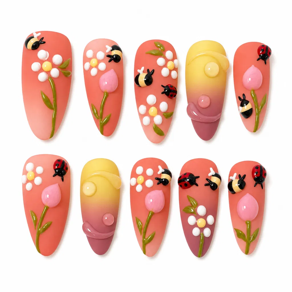 3D Bee & Ladybug Press-On Nails Spring Floral Insect Fake Nails 3D Tulip & Daisy Nail Art Set Cute Pastel Garden Nails/014