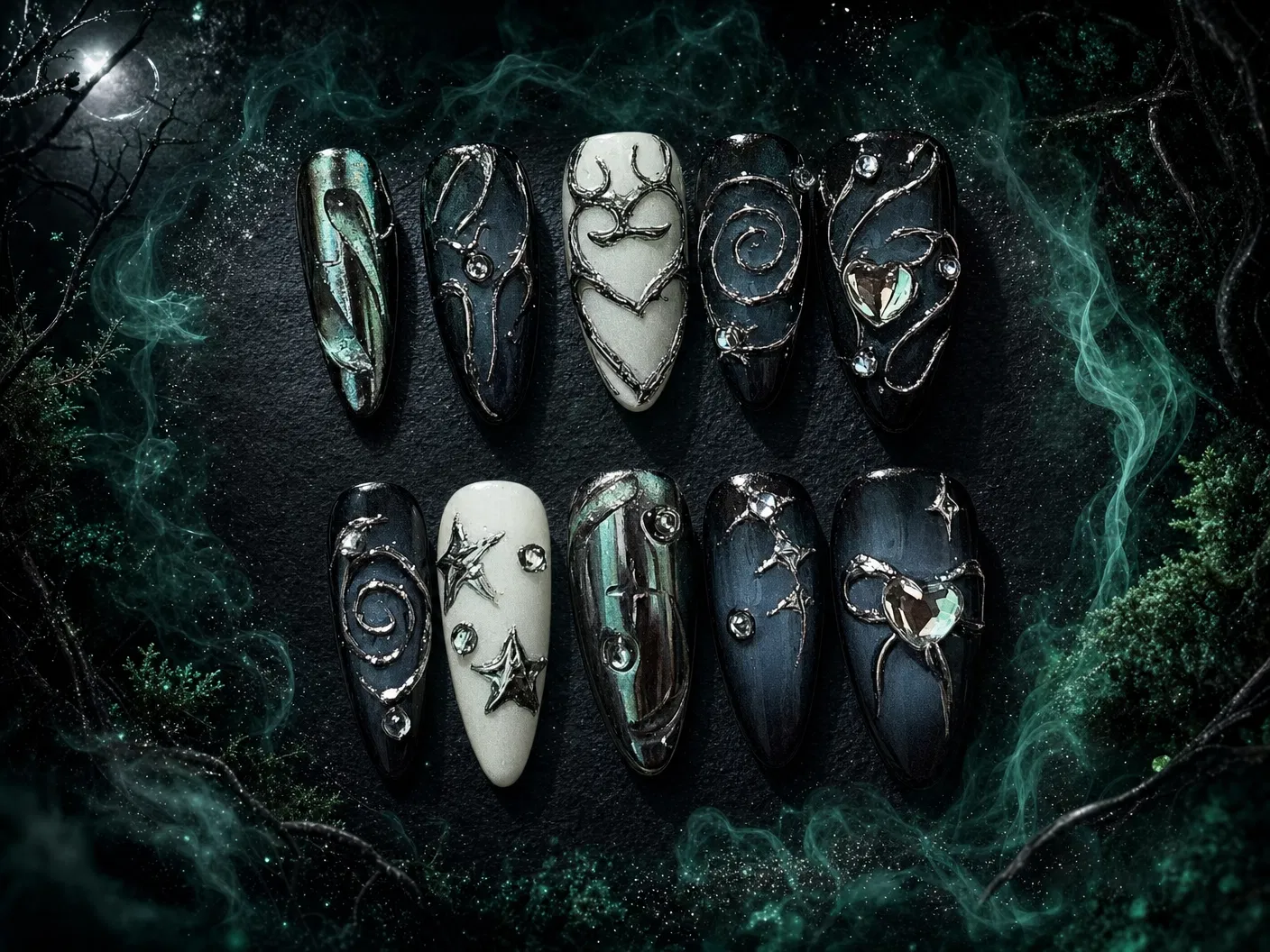 Moonlit Phantom Black Silver Press-On Nails – Elegant Gothic Witchcore Style/008