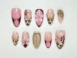 Pink Leopard Glam Press On Nails | 3D Floral & Cheetah Print Nails | Burgundy Gold Accent Nail Set | Handmade Art Press Ons | JC102HC