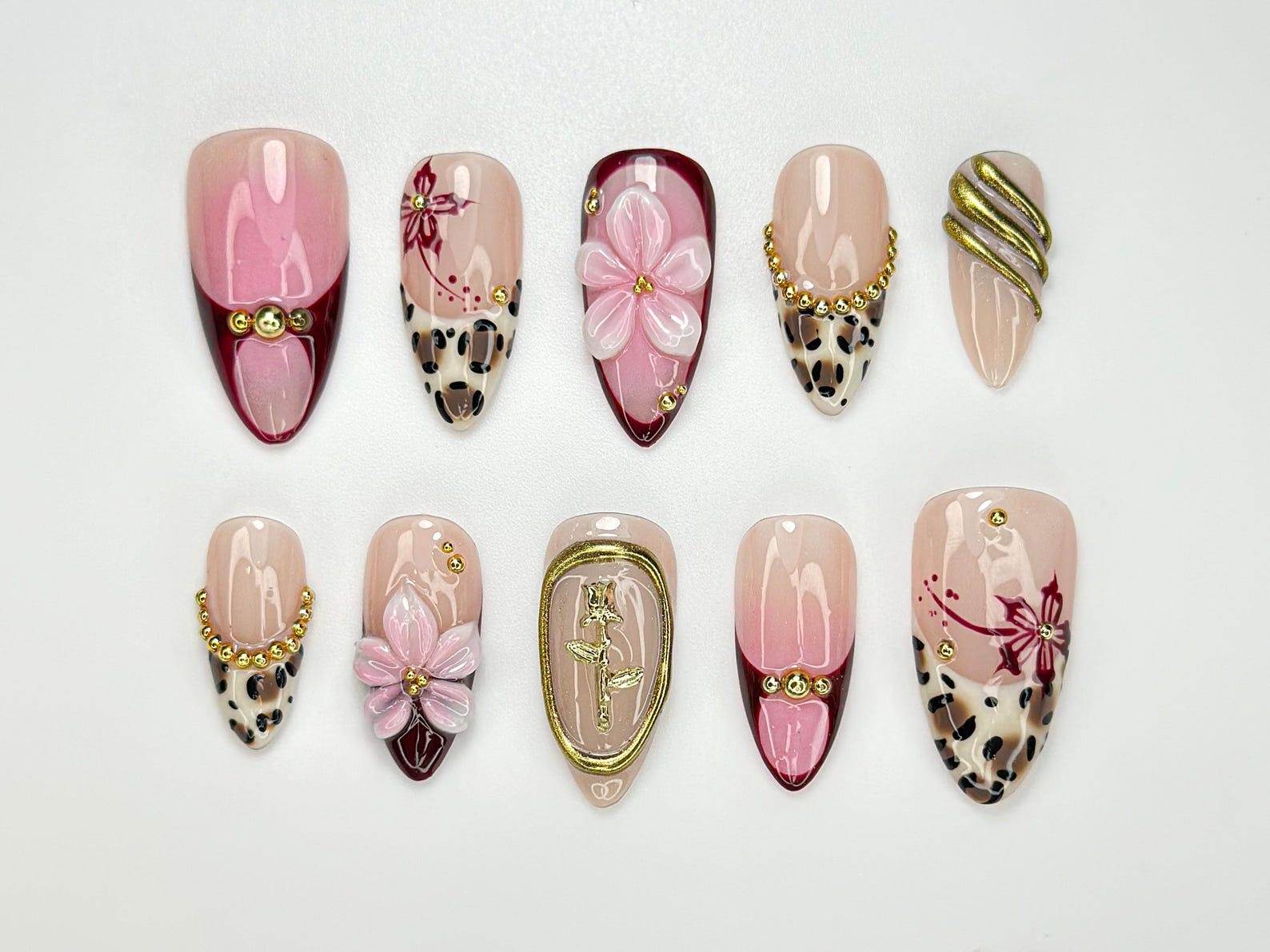 Pink Leopard Glam Press On Nails | 3D Floral & Cheetah Print Nails | Burgundy Gold Accent Nail Set | Handmade Art Press Ons | JC102HC