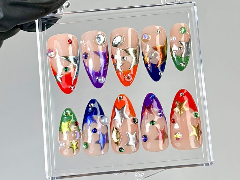 Luxury Metallic Press On Nails | Rainbow Star Almond Nails | Bright, Bold Star Nail Art | Shiny Metallic Fake Nails |Festival Nails |HC761YC