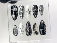 Elegant Gothic Press On Nails | 3D Designs with Cross, Star, Spiral Acrylic Nails | Monochrome Nail Art | Y2k Nails | Custom Nails | HC552YL