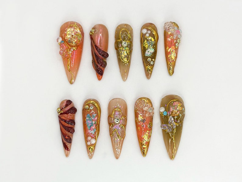 Luxury Gold & Amber Nail Art | Gold And Glitter Nails | Long Luxury Nails | Handmade Luxury Nail Art | Elegant Nail Set | JB673H