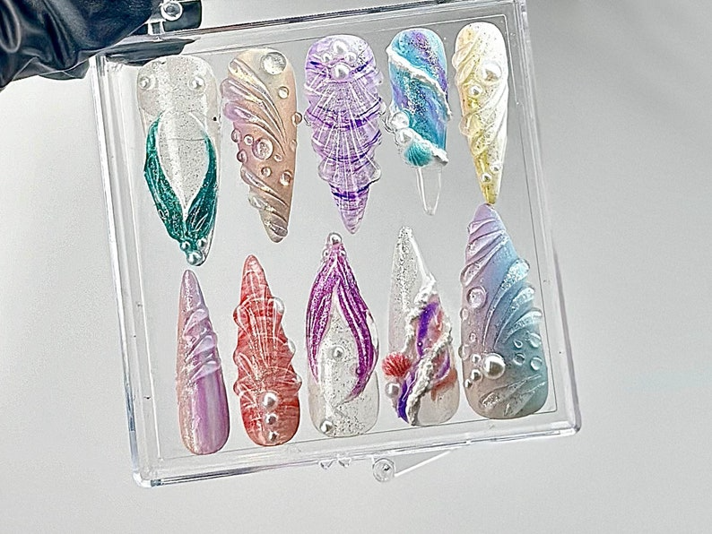 Whimsical Ocean Press On Nails | Handmade Mermaid Fake nails | Mystical Sea Creature Nail Art | Ocean Fantasy Acrylic Nails | HB640YC