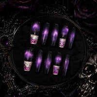 Dark Elegance Nails ¨C Luxury Gothic Chic Press-Ons Black-to-Gray Gradient Nails with Metallic 3D Accents Rebel & Glam ¨C Reusable Stick-On Luxury Nails/0001