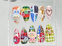 Labubu Patchwork 3D Short Press On Nails | Unique Kawaii Fake Nails | Colorful 3D Nail Art | Hand-Painted Labubu False Nails | HB707YC