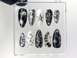 Elegant Gothic Press On Nails | 3D Designs with Cross, Star, Spiral Acrylic Nails | Monochrome Nail Art | Y2k Nails | Custom Nails | HC552YL
