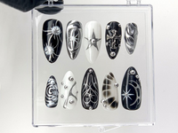 Elegant Gothic Press On Nails | 3D Designs with Cross, Star, Spiral Acrylic Nails | Monochrome Nail Art | Y2k Nails | Custom Nails | HC552YL