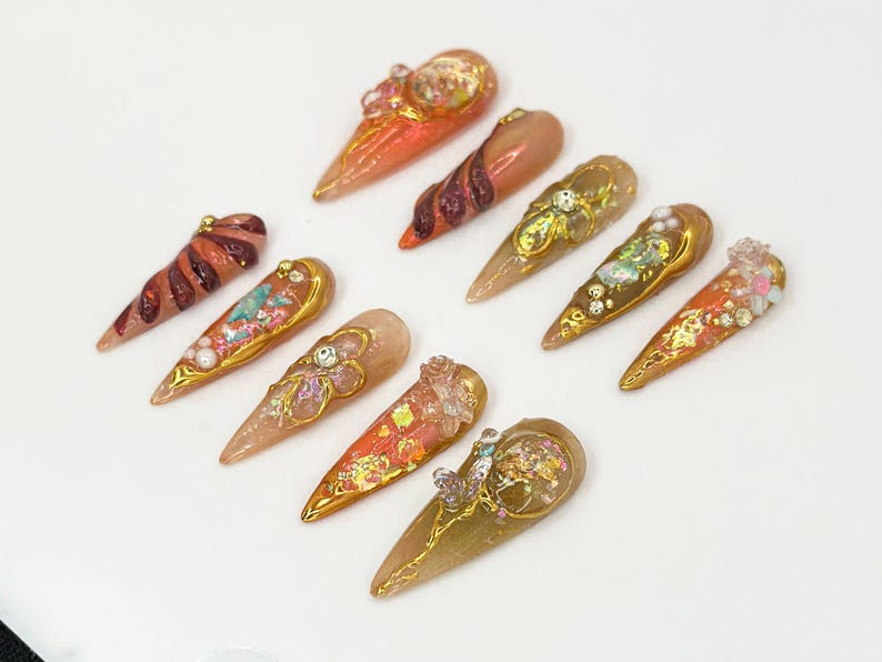 Luxury Gold & Amber Nail Art | Gold And Glitter Nails | Long Luxury Nails | Handmade Luxury Nail Art | Elegant Nail Set | JB673H