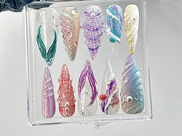 Whimsical Ocean Press On Nails | Handmade Mermaid Fake nails | Mystical Sea Creature Nail Art | Ocean Fantasy Acrylic Nails | HB640YC