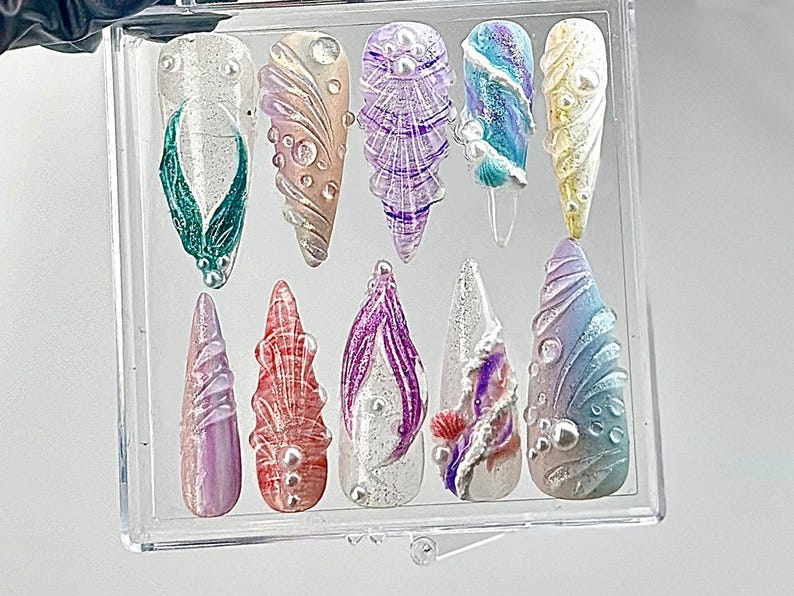 Whimsical Ocean Press On Nails | Handmade Mermaid Fake nails | Mystical Sea Creature Nail Art | Ocean Fantasy Acrylic Nails | HB640YC