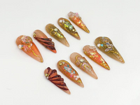 Luxury Gold & Amber Nail Art | Gold And Glitter Nails | Long Luxury Nails | Handmade Luxury Nail Art | Elegant Nail Set | JB673H
