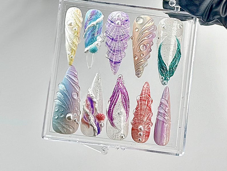 Whimsical Ocean Press On Nails | Handmade Mermaid Fake nails | Mystical Sea Creature Nail Art | Ocean Fantasy Acrylic Nails | HB640YC