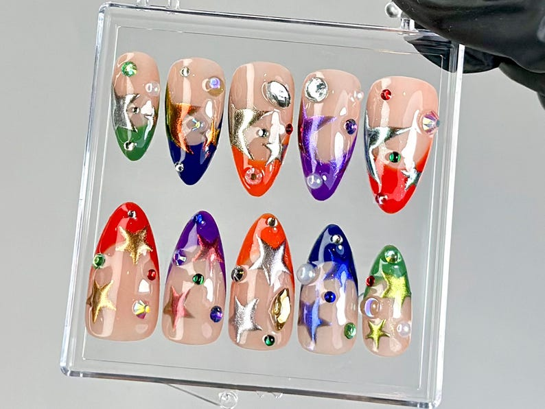 Luxury Metallic Press On Nails | Rainbow Star Almond Nails | Bright, Bold Star Nail Art | Shiny Metallic Fake Nails |Festival Nails |HC761YC
