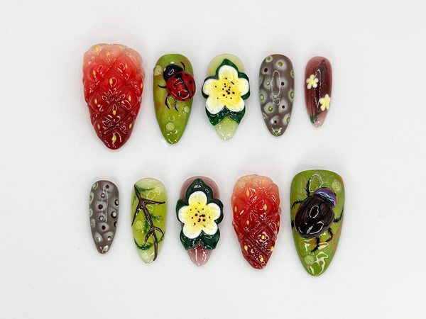 Nature-Themed Press On Nails | 3D Ladybug & Flower Nail Art | Nature Inspired Nails |Summer Garden Nails | Unique Nail Arts | JB676H