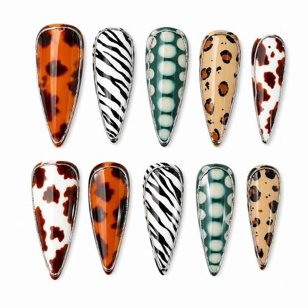 Wild Animal Print Press-On Nails Tortoiseshell & Zebra Stiletto Nails Metallic Edge Leopard Fake Nails Retro Safari Nail Art Set/011