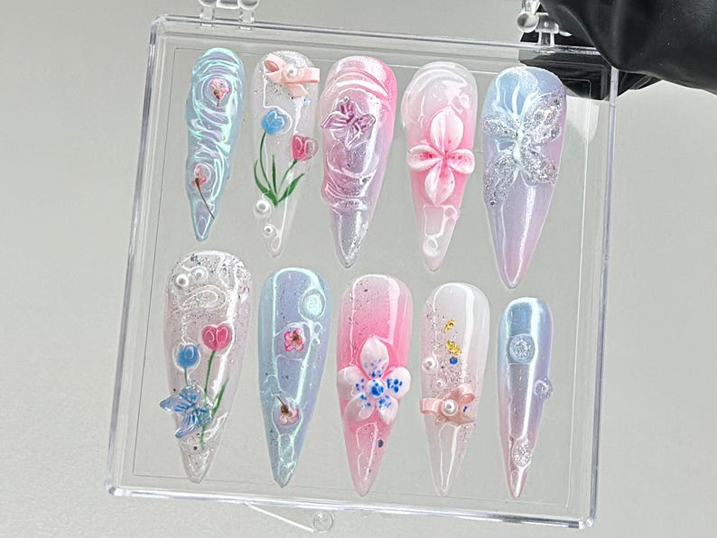 Enchanted Garden Press-On Nails | Floral and Butterfly 3D Nail Art | Handcrafted Fake Nails | Nail Charms | Press Ons | Gift for her|HC462TC
