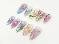 Nature-Inspired Floral Press-On Nails | Floral And Butterfly Long Nails | Butterfly And Glitter Nails | Hand-Painted Nail Art | JB634HC