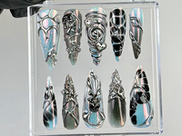 Gothic Black Chrome Press On Nails | Cyberpunk 3D Press Ons | Holographic 3D Fake Nails | Gothic, Y2K, Dark Nail Art | Gothic Nails |HC773YC