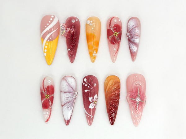 Luxury Ombre Floral Press On Nails | Burnt Orange & Burgundy Design | Handmade Fall-Inspired Nail Art | Elegant Gold, Floral Accent |JB668HK