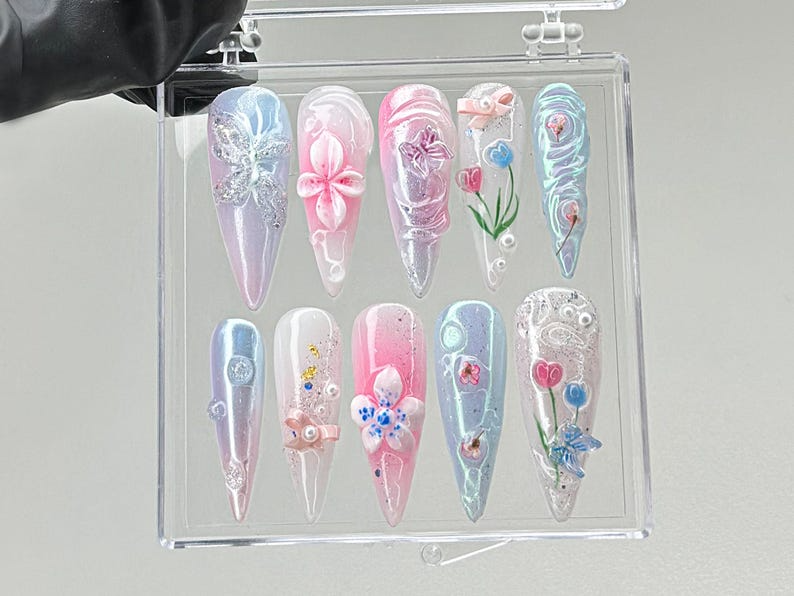 Enchanted Garden Press-On Nails | Floral and Butterfly 3D Nail Art | Handcrafted Fake Nails | Nail Charms | Press Ons | Gift for her|HC462TC