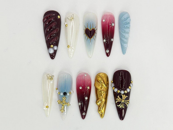 Luxury Gothic Press On Nails | Sacred Heart & Gold Details | Pearl, Cross Nail Art | Gothic Religious Nail Set | Trendy Nail Set | JB678HK