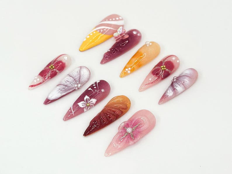 Luxury Ombre Floral Press On Nails | Burnt Orange & Burgundy Design | Handmade Fall-Inspired Nail Art | Elegant Gold, Floral Accent |JB668HK