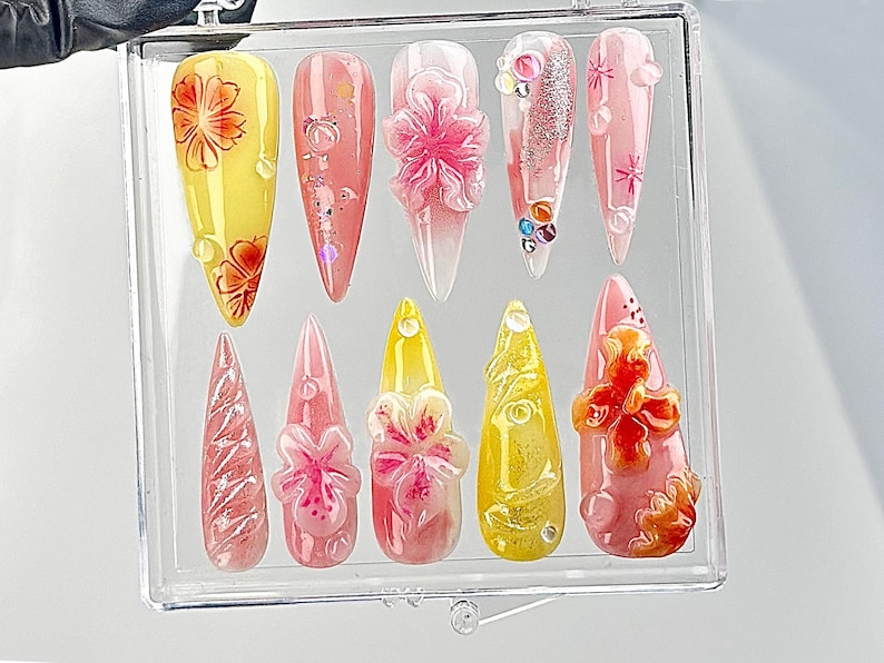 Tropical Floral Press On Nails | Handcrafted Hibiscus Fake nails| Artisan Spring Flower Nail Art | Luxe Pink Acrylic Nails | HB639YK