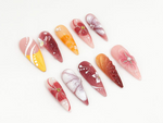 Luxury Ombre Floral Press On Nails | Burnt Orange & Burgundy Design | Handmade Fall-Inspired Nail Art | Elegant Gold, Floral Accent |JB668HK