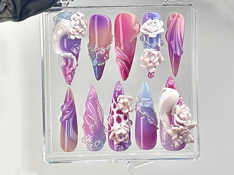 Luxury Purple Floral 3D Press On Nails | Lavish Purple and Pink Acrylic Nails | Unique Wedding and Party Press On | Majesty Nails | HB641YV