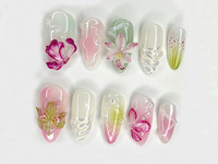 Orchid Dreams 3D Press On Nails | Delicate Hand-Painted Flowers | Handmade Nail Art with Soft Blossoms | Soft Pastel Tones | JC519H