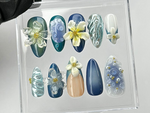 Elegant 3D Floral Press On Nails | Hand-painted Acrylic Spring Fake Nails | Ocean Blue and Pearl Nail Art | Nail Charms | Press Ons |HB439TL