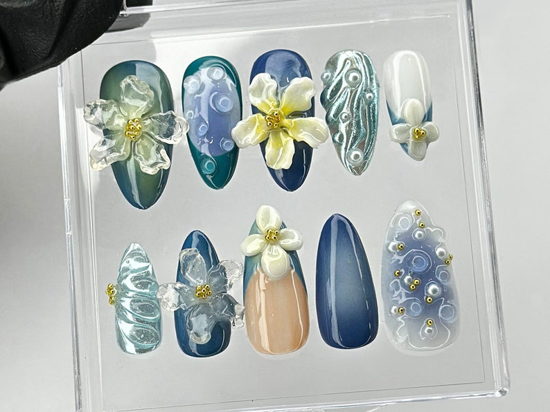 Elegant 3D Floral Press On Nails | Hand-painted Acrylic Spring Fake Nails | Ocean Blue and Pearl Nail Art | Nail Charms | Press Ons |HB439TL