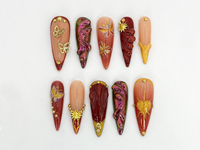 Glamorous Burgundy Press On Nails | Gothic Floral, Butterfly Design | Burgundy & Gold Accents | | Elegant Gold Design | Trendy Nail | JB679H