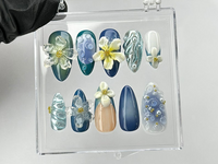 Elegant 3D Floral Press On Nails | Hand-painted Acrylic Spring Fake Nails | Ocean Blue and Pearl Nail Art | Nail Charms | Press Ons |HB439TL