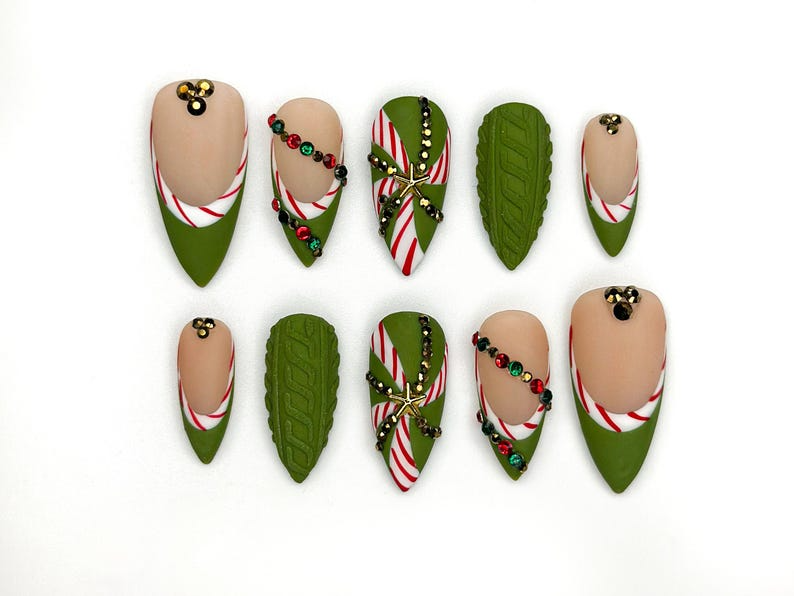 Christmas Press On Nails | Green Holiday Nails | Festive Long Nails | Christmas Gift | Party Nails| HB1189BC