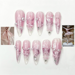 Pink Ballerina Press On Nails for Girls ?M?Soft Blush Ombre Stiletto Nails with Pearls & Ribbons, Handmade Coquette Balletcore Inspired Press On Nail Set, Luxury Princess Nails | JB291HC
