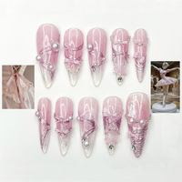 Pink Ballerina Press On Nails for Girls ?M?Soft Blush Ombre Stiletto Nails with Pearls & Ribbons, Handmade Coquette Balletcore Inspired Press On Nail Set, Luxury Princess Nails | JB291HC
