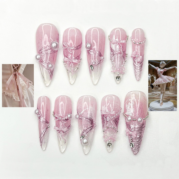 Pink Ballerina Press On Nails for Girls ?M?Soft Blush Ombre Stiletto Nails with Pearls & Ribbons, Handmade Coquette Balletcore Inspired Press On Nail Set, Luxury Princess Nails | JB291HC
