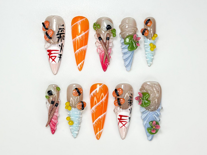 Cute Sushi Press On Nails | 3D Japanese Food Nail Art | Kawaii Salmon & Sushi Roll Nails | Handmade Foodie Press Ons | Fun Design | JB990HC