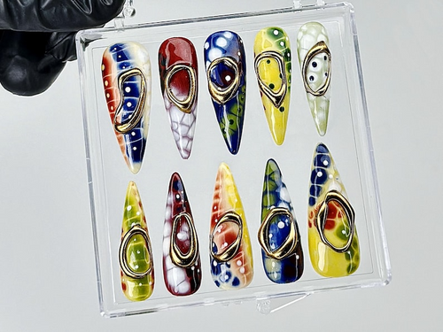 Bold Multicolor Marble Press On Nails |Abstract Gold Accent Fake Nails |Unique Artistic Nail Art |Retro Pop Art Nails |Luxury Nails |HB899YK