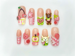 Kawaii Bear Candy Press On Nails | 3D Cute Apple Cherry Nail Art | Pastel Pink Green Y2K Vibes | Cartoon Dessert-Inspired Nails | JB986EC