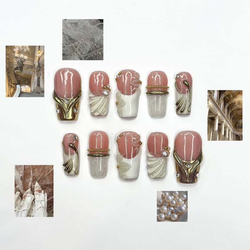 Royal Balletcore Press On Nails | Luxury Pearl Bow Fake Nails | Handpainted Gold French Tip Nails |Elegant Bridal Nails Reusable | JB343IC