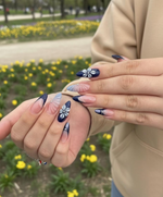 Midnight Blossom Spring Press On Nails | Navy Floral Ombr?? Nail Art | Luxury Floral Blue Nails Set | Elegant Blush Ombre Nails | HC1240EC