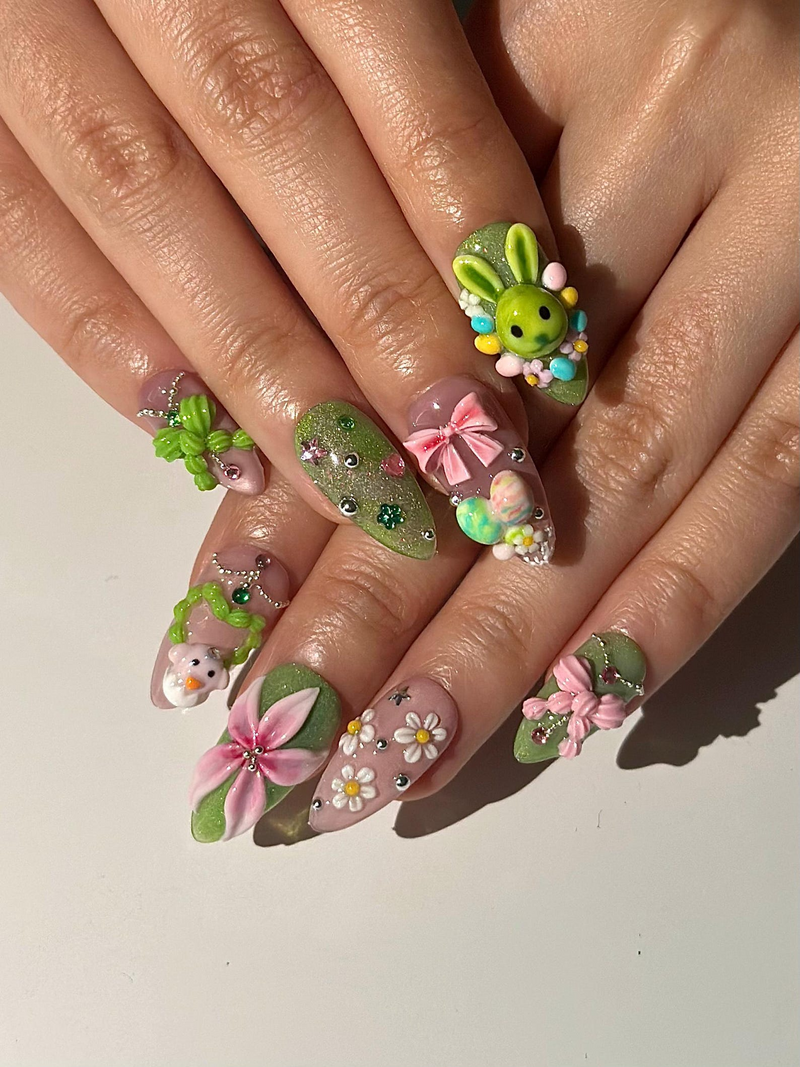 Bunny Garden Press On Nails | 3D Easter Rabbit Nails | Cute Pastel Floral Nails | Kawaii Green Pink Nails | Handmade Press Ons | DB1031HC