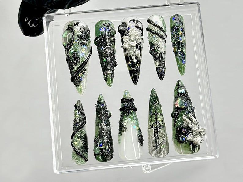 Emerald Witch 3D Press On Nails | Spooky Witch Nail Art | Creepy Cute Press Ons | Black Green Horror Fake nails | 3D Creepy Nails | HB945YC