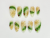 Luxury Christmas Press On Nails | Gold Snowflakes And Pine Accents Fake Nails | Festive Holiday Nail Polish | Seasonal Nail Art | HC650YC