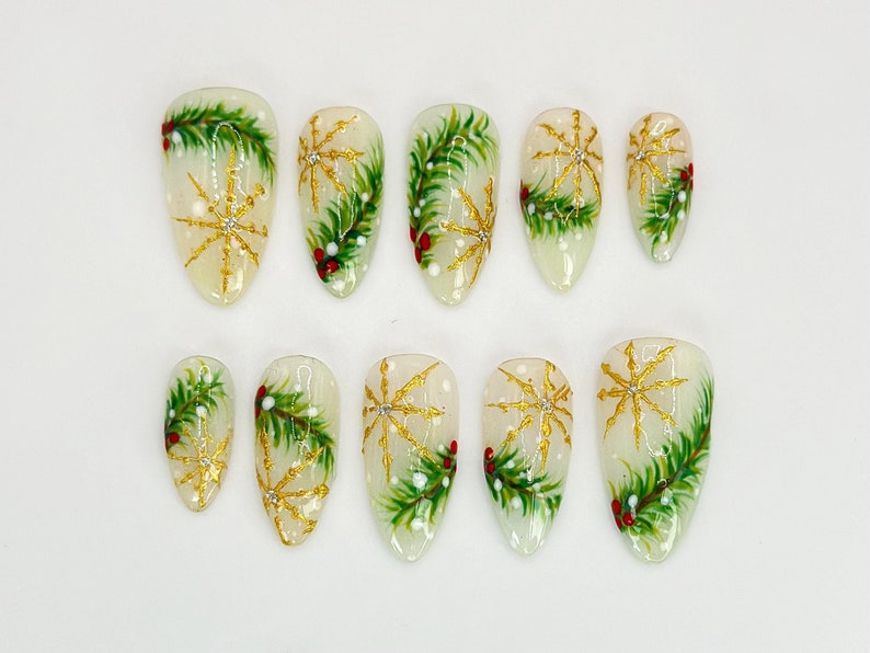 Luxury Christmas Press On Nails | Gold Snowflakes And Pine Accents Fake Nails | Festive Holiday Nail Polish | Seasonal Nail Art | HC650YC