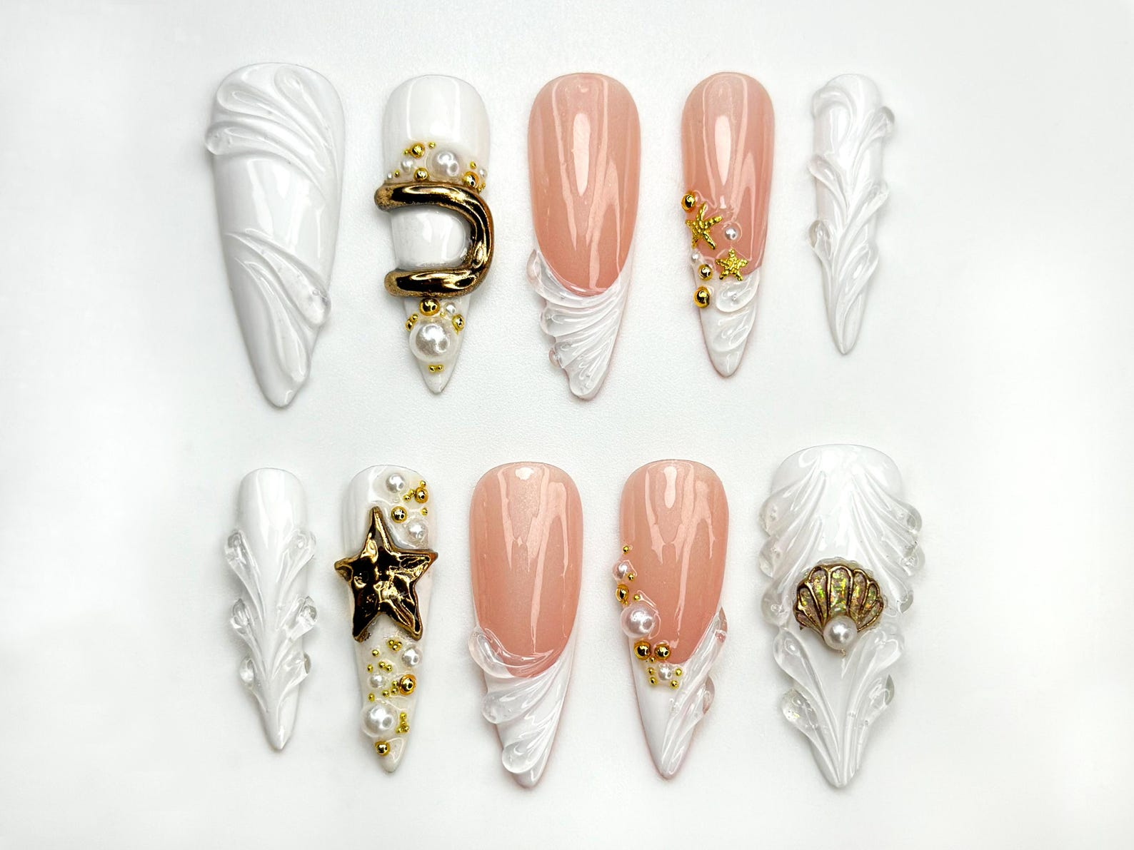 Pearl Starfish Shell Press On Nails by dorynail | Ocean Theme 3D Press Ons | Mermaid Bride Fake Nails | Pearl Bridal Nail Art | HC849YC