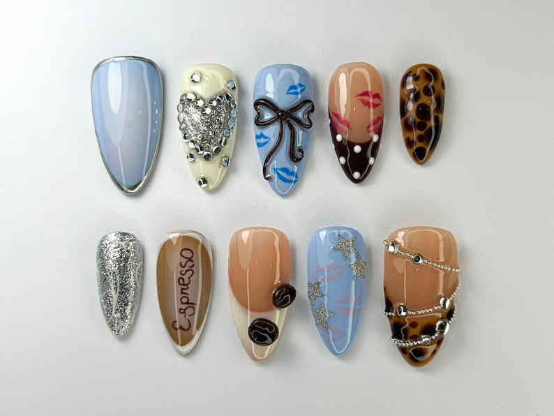 Modern Espresso Coffee Press-On Nails | Glitter, Glam Espresso Nails | Coffee, Leopard & Bow Designs | Luxury Espresso Aesthetic | JC713HC